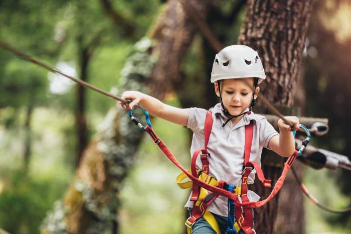 kid climbing tree with harnesses and helmet etc