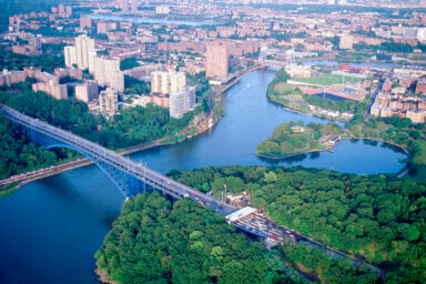 Aerial view of a bridge crossing the Harlem River, New York.