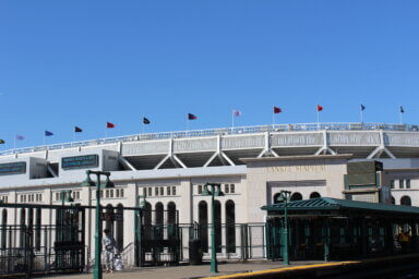 Yankee Stadium is seen from the 161st Street subway station during opening weekend on Saturday, April 1, 2023.
