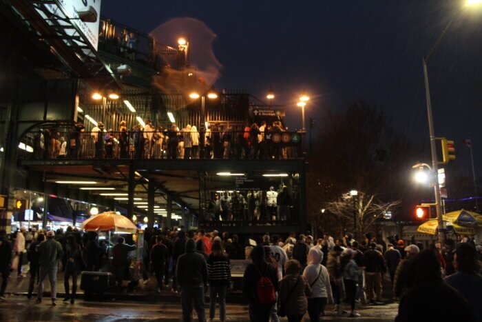 Baseball fans walk to the 161st Street subway station after the Yankee game on Saturday, April 1, 2023.