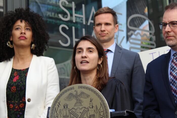 New York City Councilmember Marjorie Velázquez introduces legislation in Lower Manhattan on Tuesday, April 11, 2023 that would require participating restaurants to offer customers reusable takeout packaging.