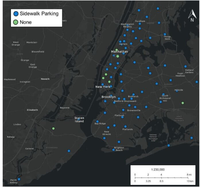 map showing 70 precincts across the city that either had sidewalk parking when Moran visited or in historical data