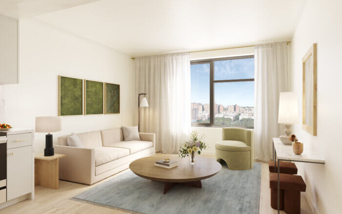 A rendering shows the vision for the interior of the Estela development in Mott Haven.