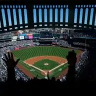 A fan's hands are in the air, cheering at the Yankees game.