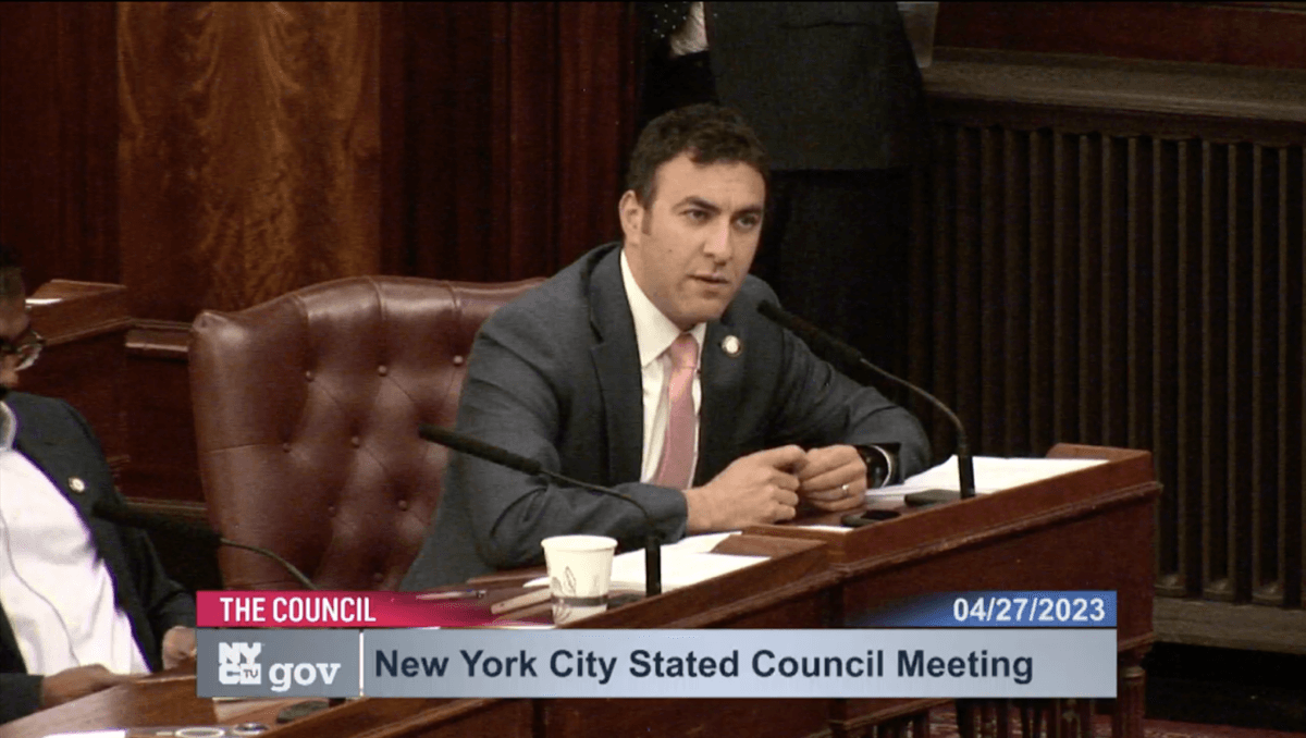 Bronx City Councilmember Eric Dinowitz speaks during the body's meeting on Thursday, April 27, 2023.