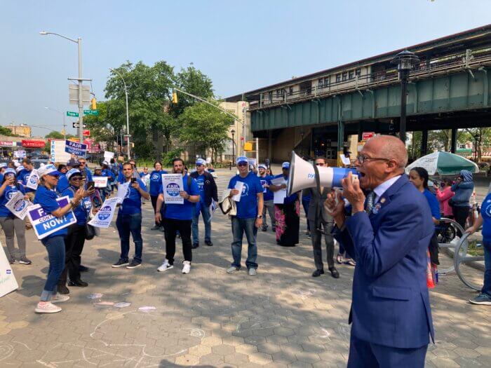 State Sen. Robert Jackson, D-31, speaks at the UFT rally for a 'fair' contract in Parkchester on Wednesday, May 24, 2023.