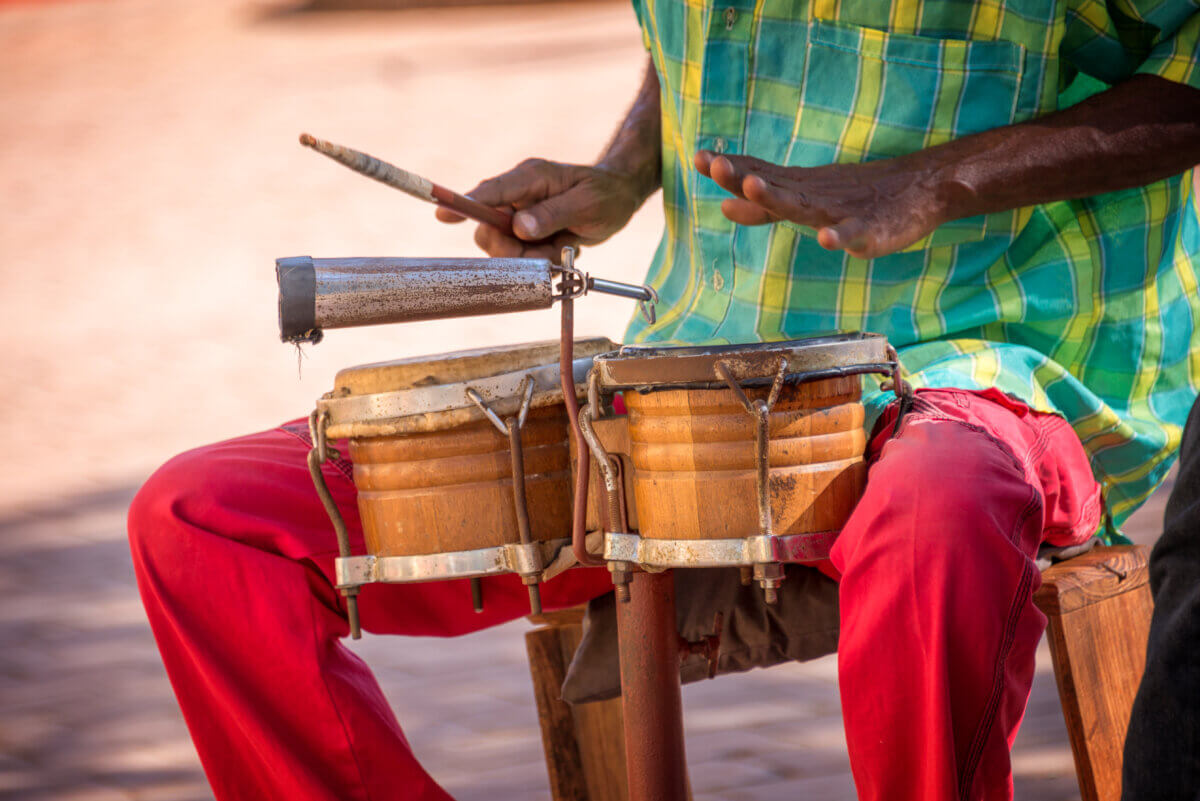 Street musician playing drums in Trinidad, Cuba