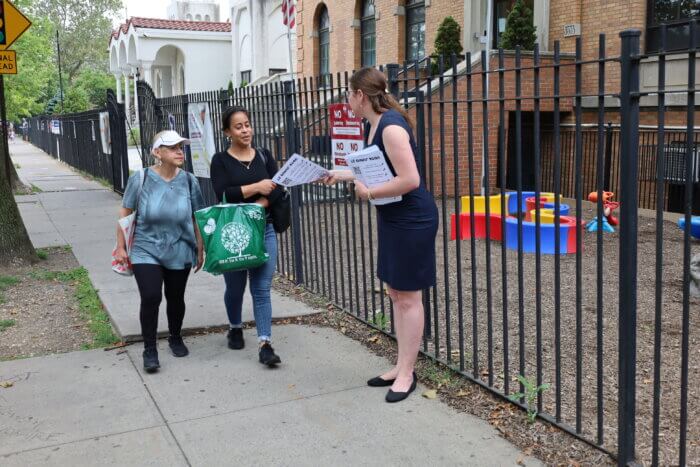 Tess Cohen campaigns outside of the Greek American Institute at 3573 Bruckner Blvd. during the New York City Primary Election on Tuesday, June 27, 2023. 