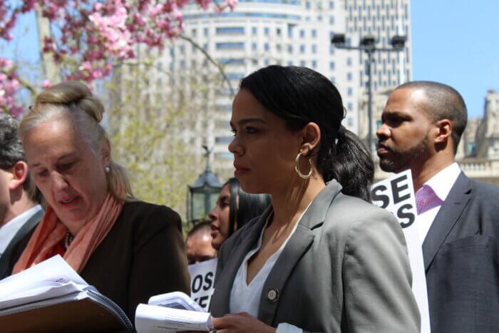 Pierina Sanchez, NYC Councilmember for Bronx's District 14, is running for reelection in the June 17 Democratic Primary. She faces political newcomer Rachel Bradshaw. Sanchez is pictured here at a rally to close Rikers Island on April 11, 2023.