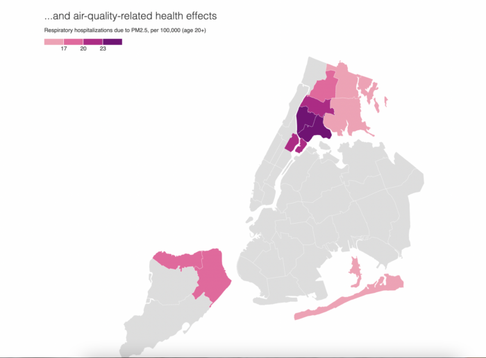 Map from the city's Environment and Health Data Portal shows worse health outcomes for South Bronxites compared to citywide.
