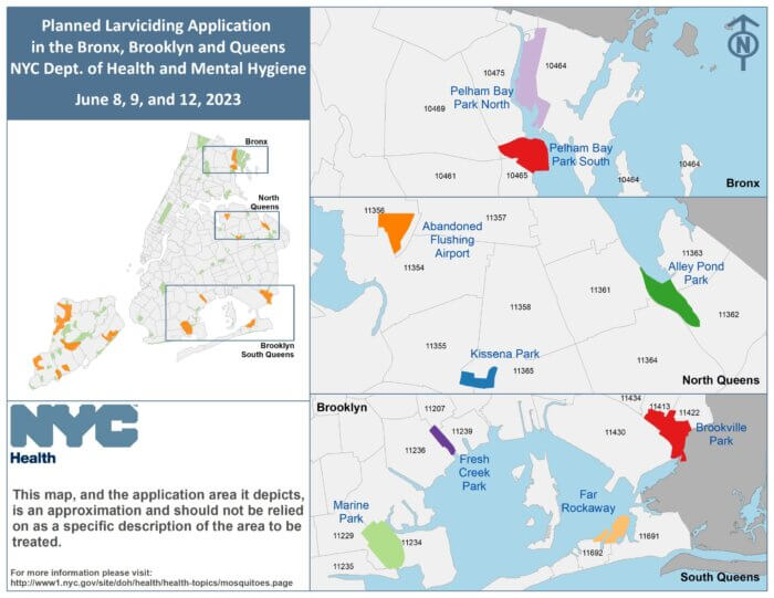 The Health Department is treating the Bronx, Queens, Brooklyn, and Staten Island for mosquitos with aerial larviciding to prevent mosquito-borne illnesses.
