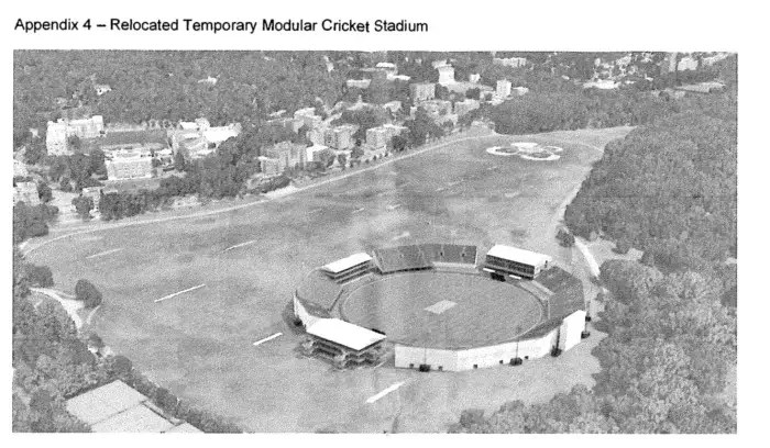 A rendering of the cricket stadium from the ICC’s proposal is seen.