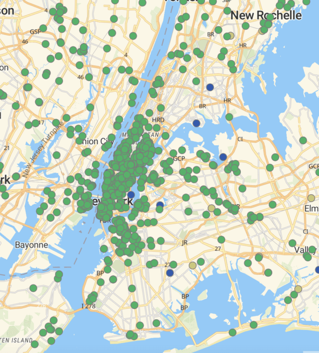 An EV charging map shows the locations of chargers across New York City. 