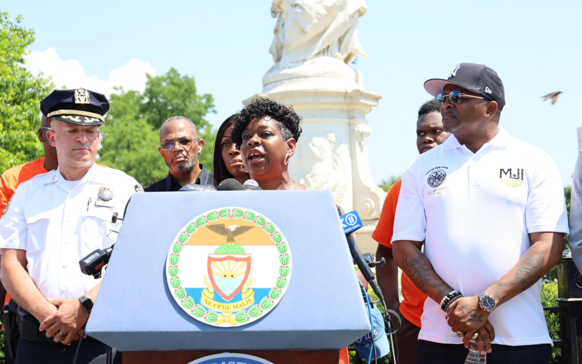 Bronx politicians and anti-violence organizations hold a press conference in Joyce Kilmer Park on July 6, 2023 after multiple shootings and violent acts played out across the borough over the long holiday weekend.