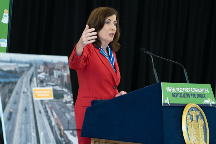 Gov. Hochul announces the near-completion of new ramps and widening on the Bruckner Expressway on Aug. 21, 2023.