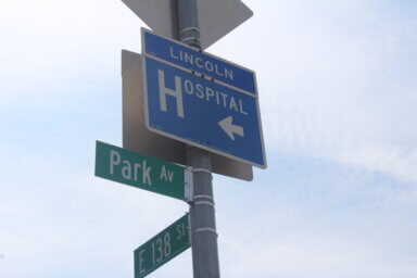 A sign directs traffic to NYC Health + Hospitals/Lincoln in Mott Haven on Monday, Aug. 21, 2023.