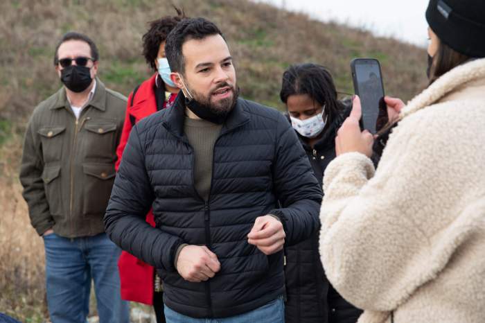 Jonathan Soto speaks to an Instagram live audience at a “landback ceremony” to launch his campaign in front of Trump Golf Links at Ferry Point on Jan. 6, 2022. 