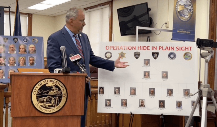 Orange County District Attorney David Hoovler announces the arrest of 15 people for a drug trafficking scheme upstate, including the director of the Bronx Rises Against Gun Violence program Michael Rodriguez, at a press conference in Middletown on Tuesday, Aug. 1, 2023.