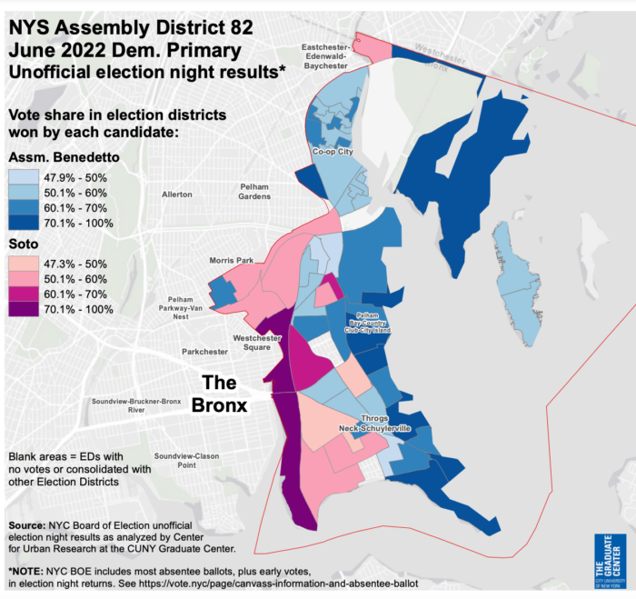 map color codes parts of district that voted for Soto and Benedetto