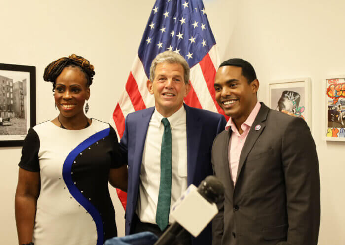 From left to right, Bronx BP Vanessa Gibson, BxEDC President Rob Walsh, and U.S. Rep. Ritchie Torres announce a Bronx small business loan program on Thursday, Aug. 17, 2023.