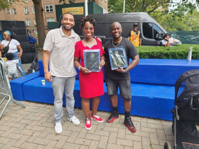 Pictured here left to right is state Sen. Jamaal Bailey, Bronx Borough President Vanessa Gibson, and City Councilmember Kevin Riley.