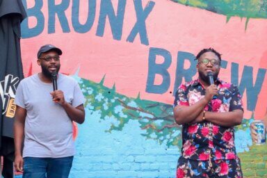 Bronx resident Ishmael Gaynor, right, and Stephon Hightower, started Top Borough Comedy four years ago at the Bronx Brewery in Port Morris.