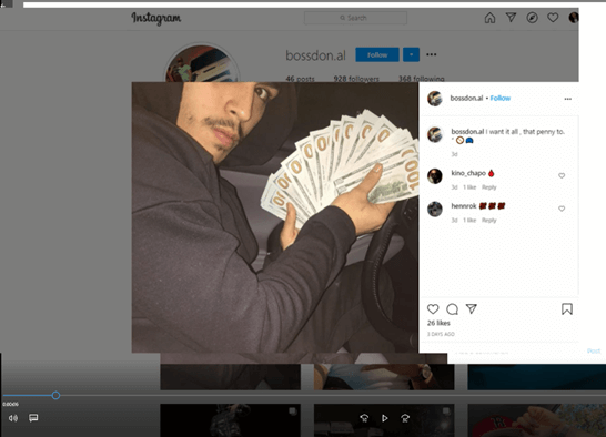 A screenshot shows an Instagram photo of a grand larceny defendant with a large amount of cash.
