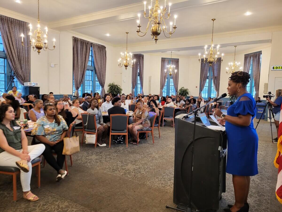 Borough President Vanessa Gibson welcomes new community board members at Lehman College on Tuesday, Sept. 5. Photo Emily Swanson