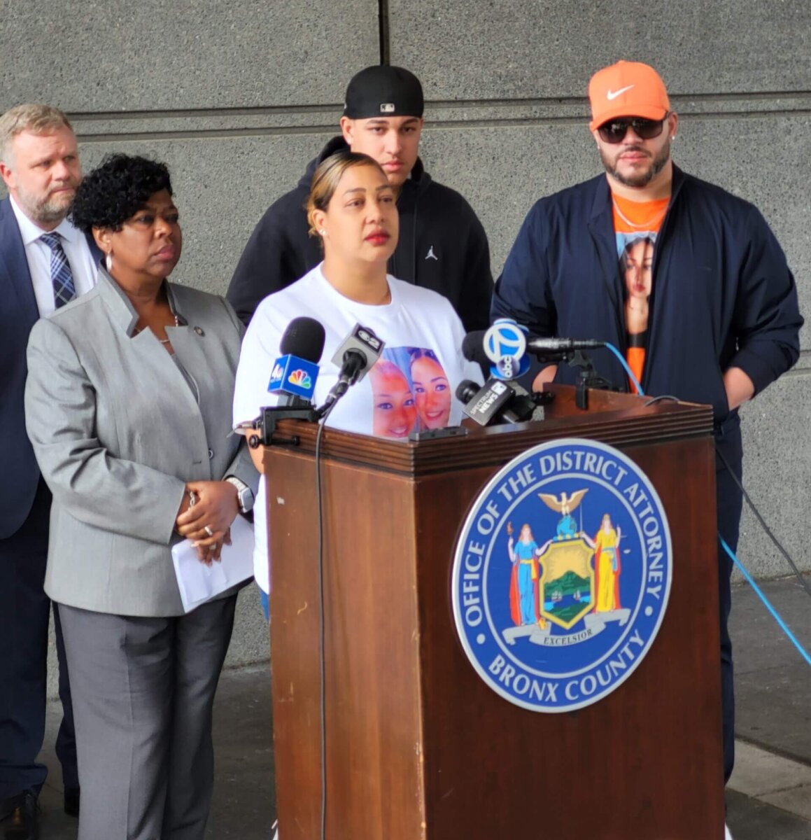 Angellyh Yambo's mother and father, along with Bronx District Attorney Darcel Clark, address the press following the sentencing of Jeremiah Ryan, whose stray bullet killed the 16-year-old in 2022. Photo Emily Swanson