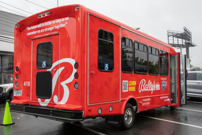 red and white bus