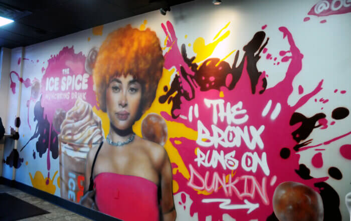 The Dunkin' Donuts at 4 East Fordham Road celebrated its new Ice Spice Munchkins Drink with a party and mural unveiling on Wednesday, Sept. 20, 2023. Ice Spice, a rapper off stage known as Isis Naija Gaston, used to frequent the Fordham Road Dunkin during her upbringing in the Bronx. 