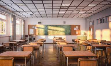 interior views of an empty Japanese-style classroom.