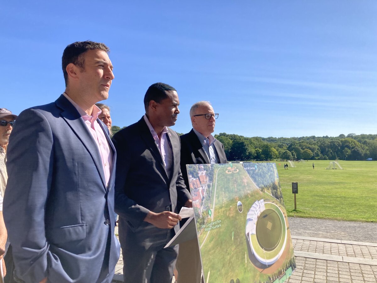 From left to right, City Councilmember Eric Dinowitz, Rep. Ritchie Torres and State Assemblymember Jeffrey Dinowitz hold a press conference to oppose the city's proposal to allow the International Cricket Council to build a 34,000-seat stadium in Van Cortlandt Park for the T20 World Cup.