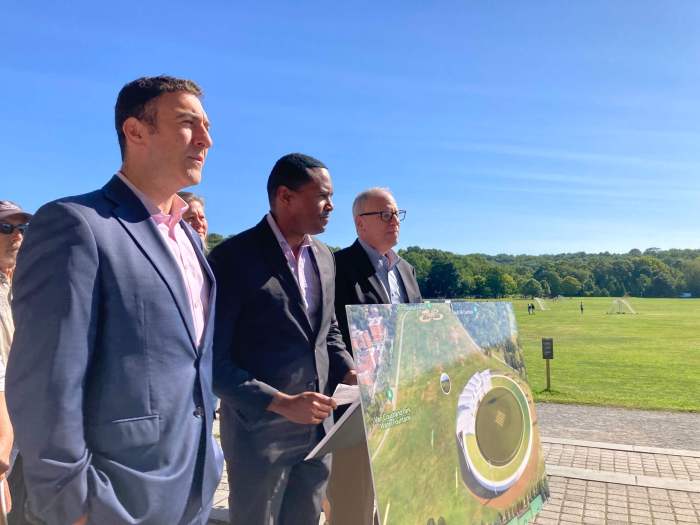 From left to right, City Councilmember Eric Dinowitz, Rep. Ritchie Torres and State Assemblymember Jeffrey Dinowitz hold a press conference to oppose the city's proposal to allow the International Cricket Council to build a 34,000-seat stadium in Van Cortlandt Park for the T20 World Cup.