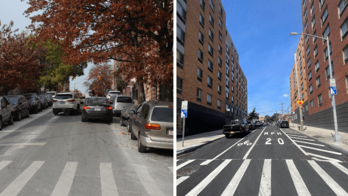 photo on left shows a narrow two way street with a car driving around a double parked vehicle and on the right a photo shows a road redesign with one driving lane and a bike lane