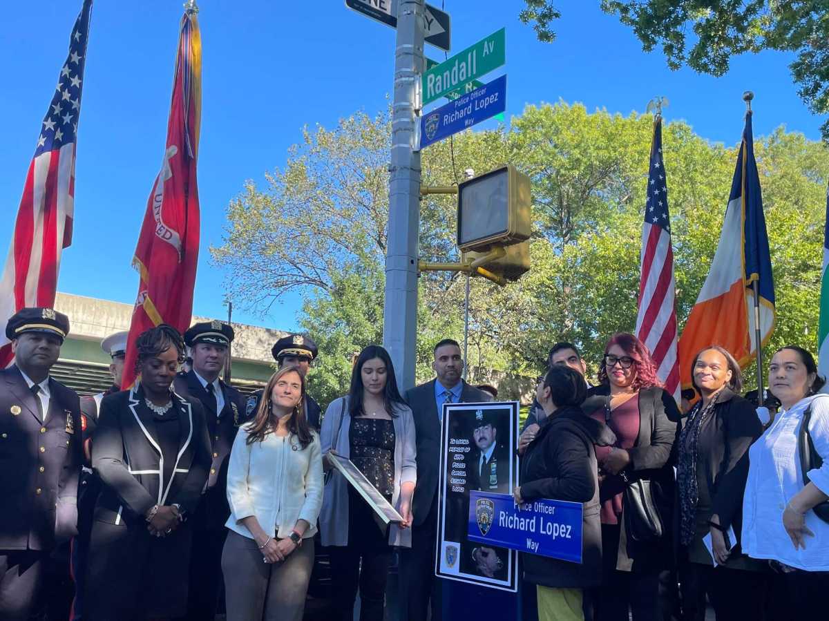 Bronx politicians and NYPD officers gather to commemorate officer Richard Lopez at a street co-naming ceremony on Friday, Oct. 13, 2023.