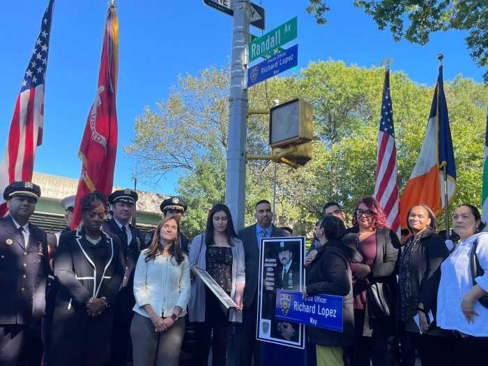 Bronx politicians and NYPD officers gather to commemorate officer Richard Lopez at a street co-naming ceremony on Friday, Oct. 13, 2023.
