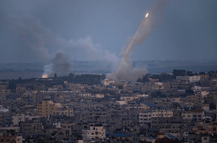 Rockets are fired toward Israel from the Gaza Strip on Wednesday, Oct. 11, 2023. Israel has launched intense airstrikes in Gaza after the territory's militant rulers carried out an unprecedented attack on Israel Saturday, killing over 1000 people and taking captives. Hundreds of Palestinians have been killed in the airstrikes.