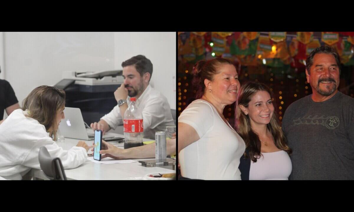 Left: City Council Member Marjorie Velázquez checks the returns with her team ahead of her Democratic primary victory on Tuesday, June 27, 2023. Right: Kristy Marmorato, hosts her campaign party at Brewski’s Bar and Grill on June 27, 2023.