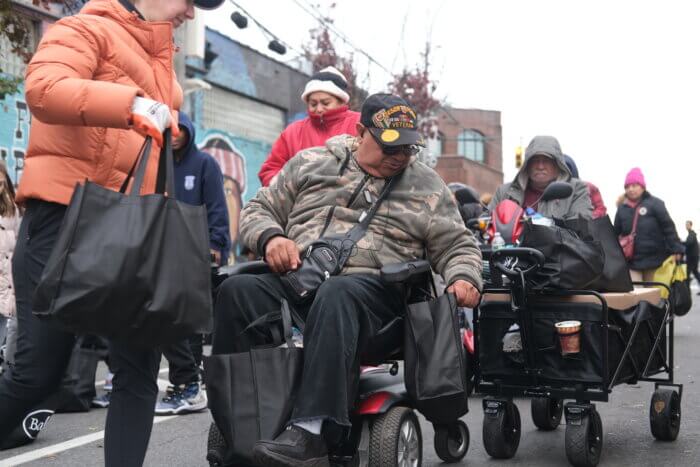 “This has been overwhelming. I've been here since two o'clock in the morning,” said Jorge Santiago, who came all the way from Brooklyn to attend the event for the first time. As someone with a disability, he says there is a constant struggle to get food on his own.