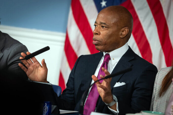 Mayor Eric Adams and senior administration officials hold an in-person media availability at City Hall on Tuesday, Nov. 28, 2023.
