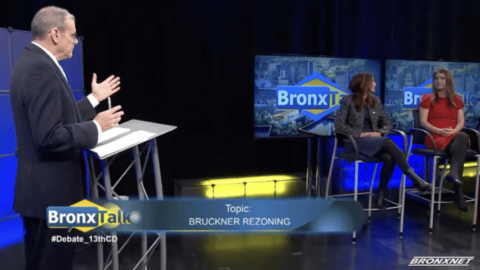 Gary Axelbank, the host of BronxTalk, moderates a heated debate between City Council District 13 candidates Marjorie Velázquez, left, and Kristy Marmorato, right, which aired on Tuesday, Oct. 31, 2023.