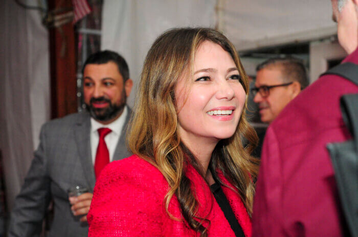 Republican Kristy Marmorato celebrates her City Council victory on Tuesday, Nov. 7, 2023 in the East Bronx with supporters at Brewski's Bar & Grill.