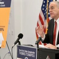 New York State Comptroller Thomas DiNapoli presents his findings on the South Bronx's economic growth on Tuesday, Nov. 28, 2023.