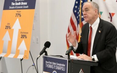 New York State Comptroller Thomas DiNapoli presents his findings on the South Bronx's economic growth on Tuesday, Nov. 28, 2023.