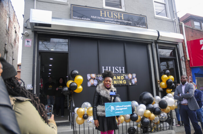 Dasheeda Dawson, founding director of Cannabis NYC, speaks at the grand opening of Hush, the Bronx's second licensed recreational dispensary, on Thursday, Dec. 14 2023. Hush, located in the Allerton neighborhood at 2460 Williamsbridge Road, is a family-owned business run by cousins Levent and Denis Ozkurt.