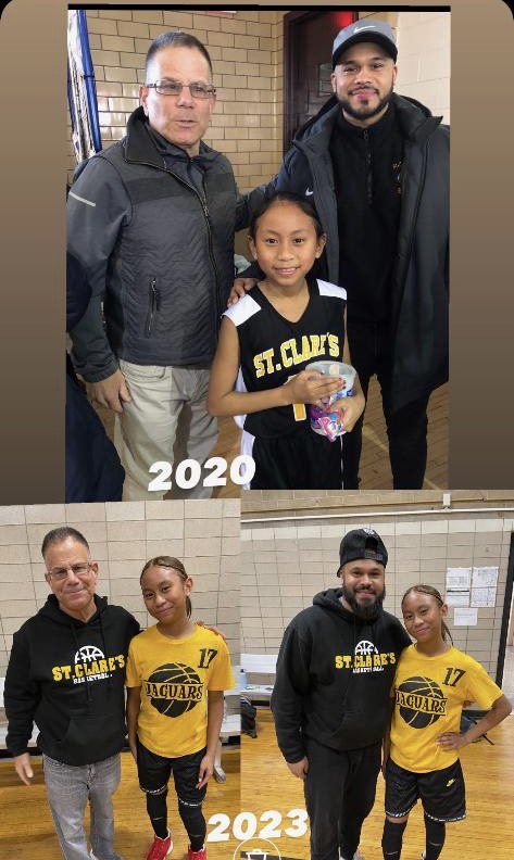 Jamie De La Cruz and her coaches pose together in the years 2020 and 2023