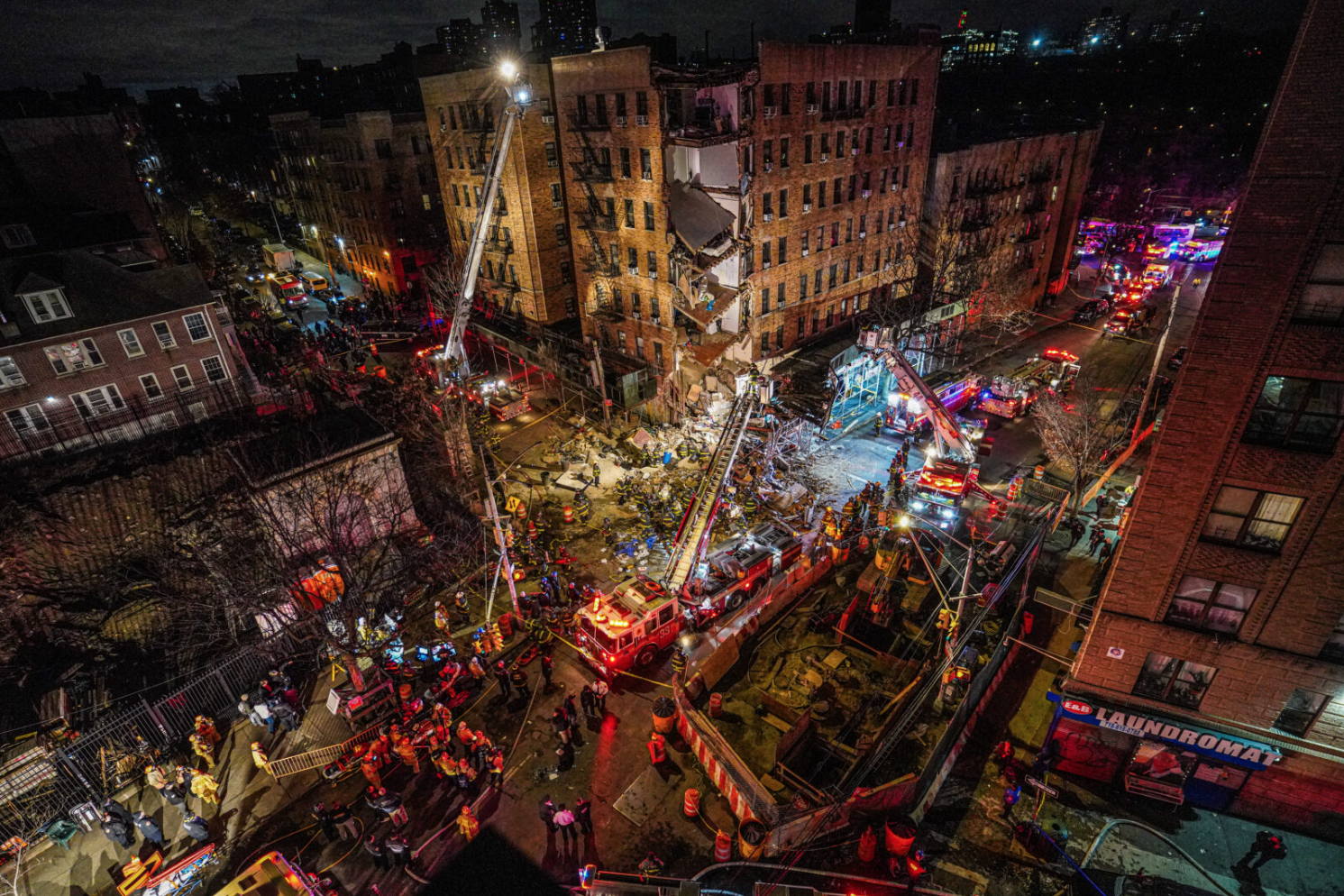 Aerial view of FDNY looking through the rubble following the partial collapse at 1915 Billingsey Terrace on Monday afternoon, Dec. 11, 2023.