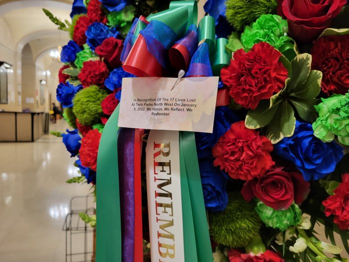 The Bronx borough president's office displayed a wreath on Jan. 9, 2023, the second anniversary of the Twin Parks North West fire that claimed 17 lives.