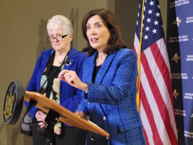 Gov. Kathy Hochul, joined by the state's Office of Mental Health Commissioner Ann Sullivan, announced "sweeping investments" in mental health services, especially for youth, in a press conference on Jan. 11, 2023.